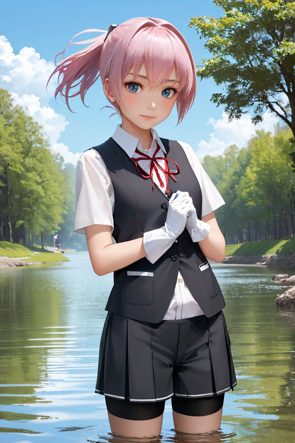 00052-1411401615-(masterpiece, best quality_1.2), cowboy shot, solo, 1girl, shiranui, slight smile, looking at viewer, wading, ponytail, school u.jpg